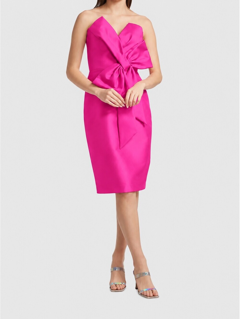 Badgley Mischka Fuchsia Strapless Front Bow Sheath Cocktail Dress sz 4 Mikado